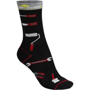 Workpower Recycling Socken, schwarz-rot, Gr. 43-46 mit Werkzeug-Motiven.