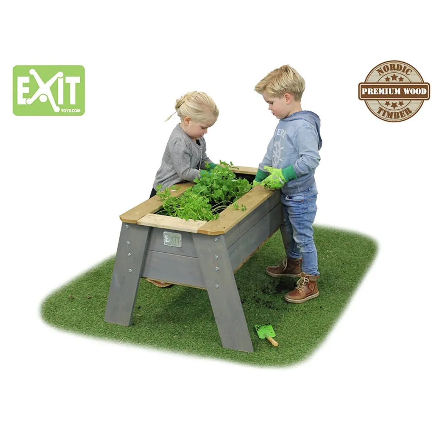 EXIT Aksent Hochbeet L aus Holz mit zwei Kindern beim Gärtnern.