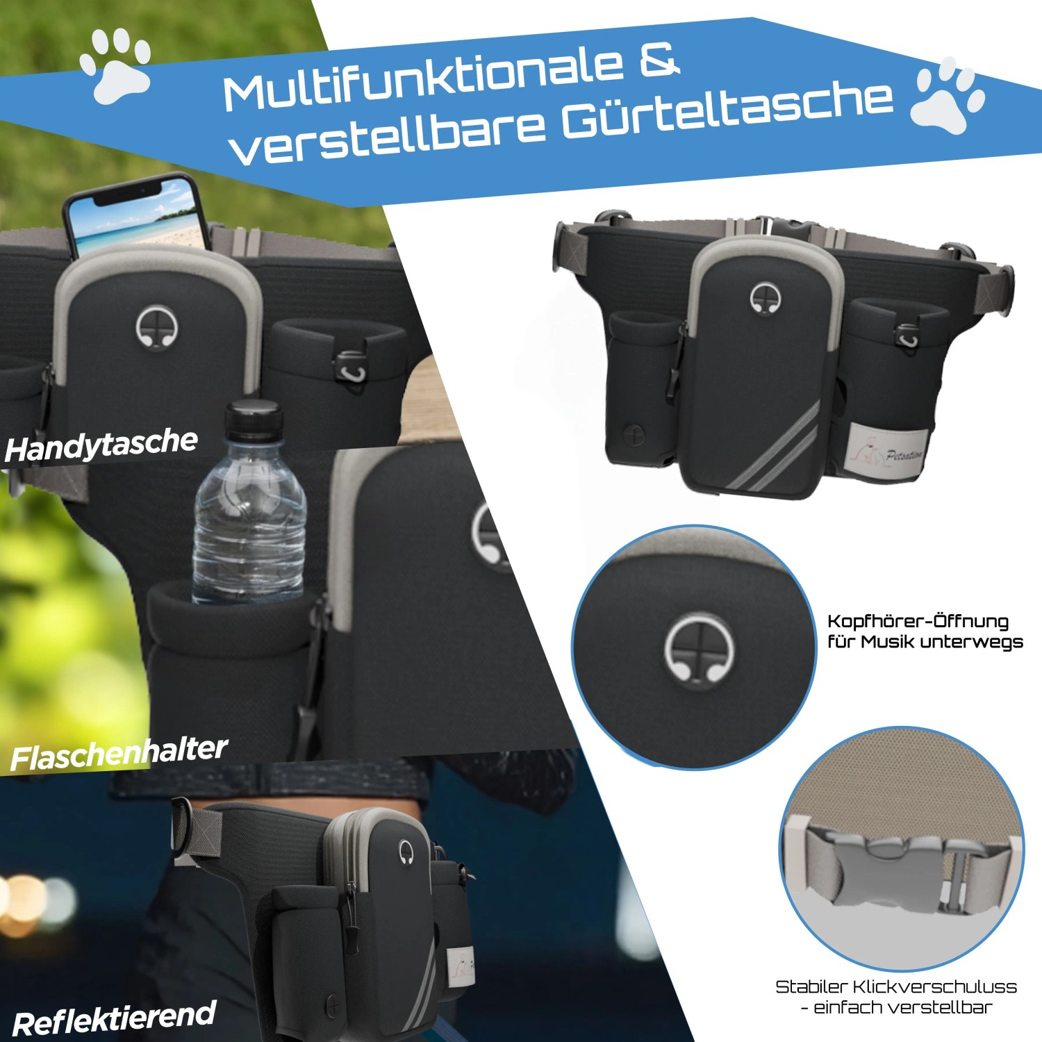 Petsation Joggingleine mit Bauchgurt, Hüfttasche und Flaschenhalter.
