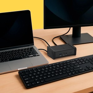 Hama USB-Hub Connect2Office schwarz, 9 Ports, verbindet Laptop, Monitor und Tastatur auf Holzschreibtisch. Computer Zubehör.