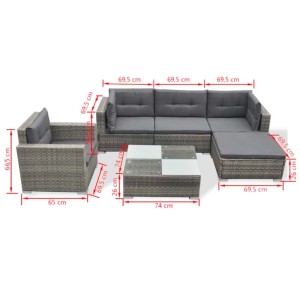 Graues 6-teiliges Garten Lounge Set aus Polyrattan mit Auflagen und Tisch.