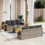 Graue 7-tlg. vidaXL Garten-Sofagarnitur aus Polyrattan mit Kissen und Akazientischplatte.