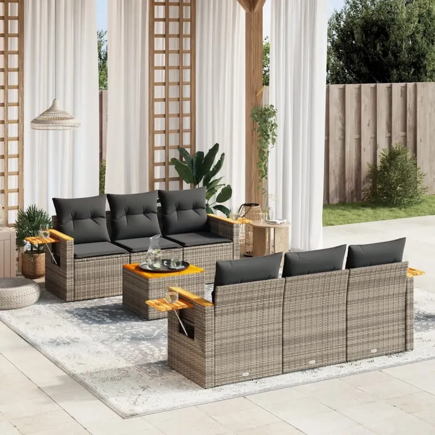 Graue 7-tlg. vidaXL Garten-Sofagarnitur aus Polyrattan mit Kissen und Akazientischplatte.