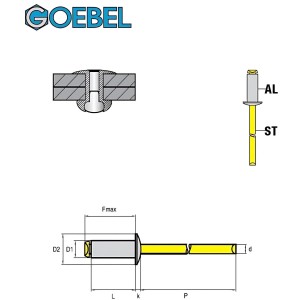 Abbildung einer GOEBEL Flachkopf Blindniete 6,4x12 mm aus Aluminium und Stahl, Schemazeichnung.