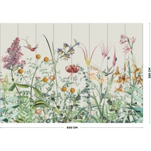 Fototapete Botanical Garden (280x400cm) mit Blumen, Blättern und Vogel-Illustrationen.