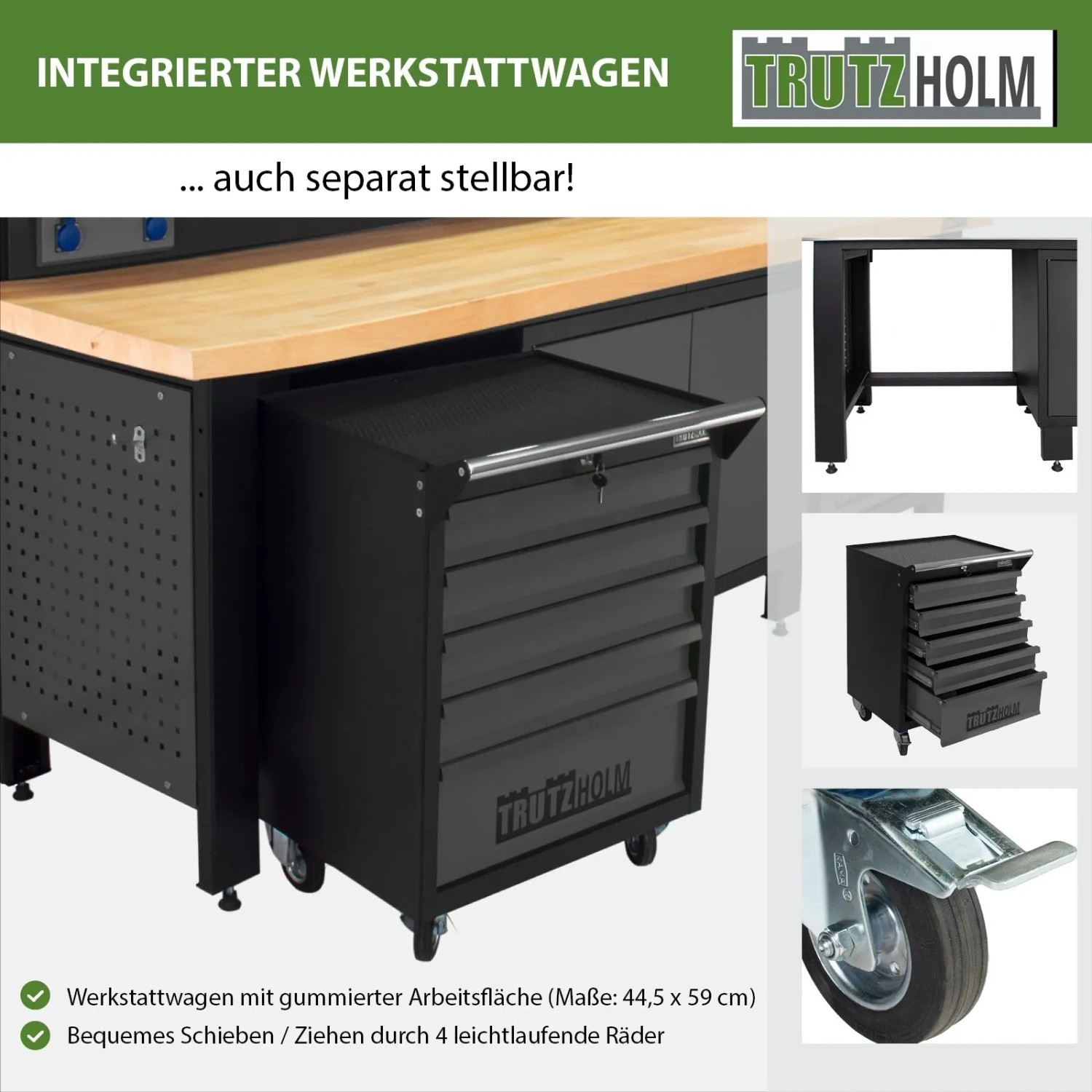 TRUTZHOLM Werkstattwand Profiline XXL mit Werkzeugwagen, Schubladen, LED und Steckdosen.