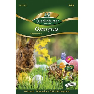 Quedlinburger Ostergras-Samenpackung mit Osterdekoration und einem Hasen im Gras.