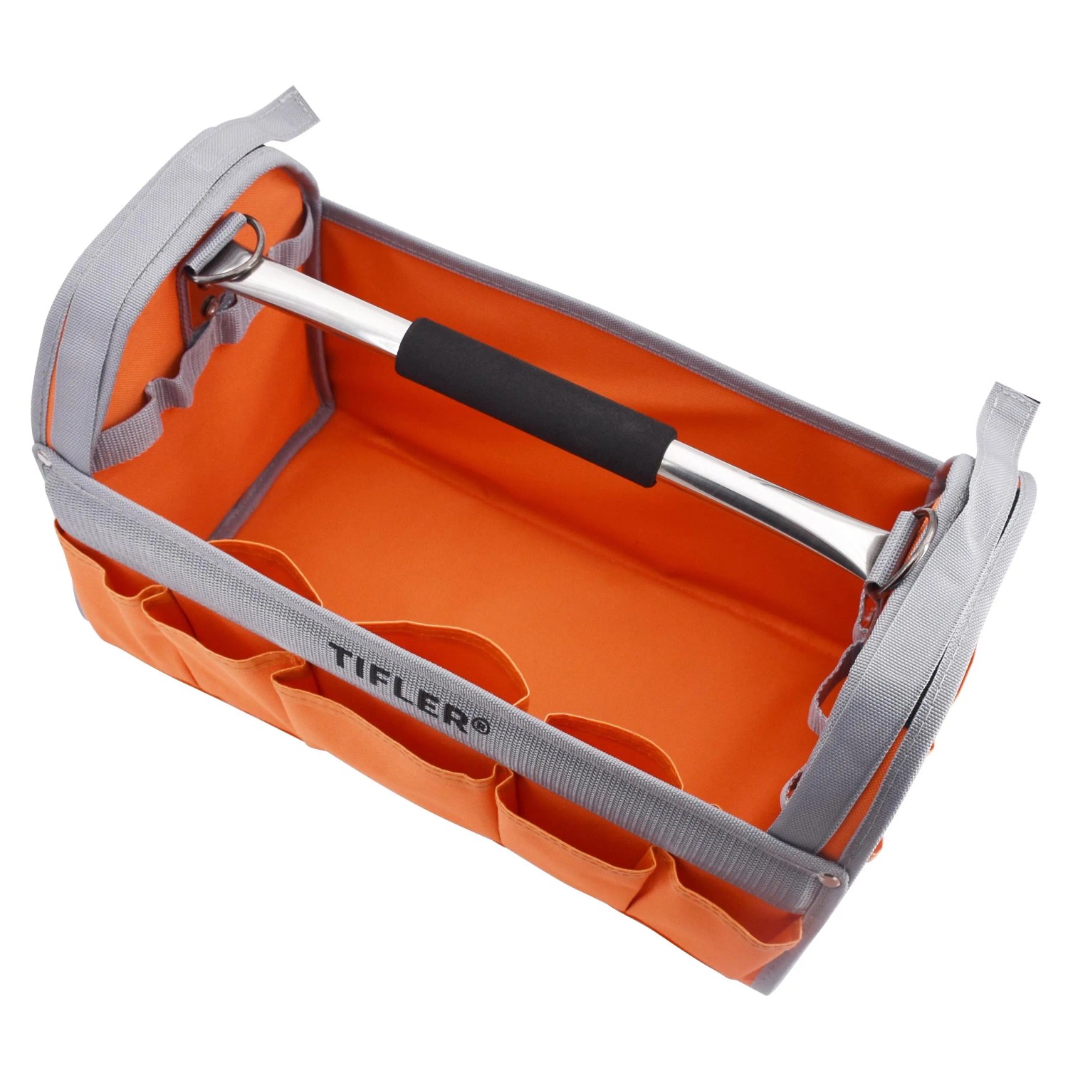 Orangefarbene Tifler Werkzeugtrage (40 cm) mit Schultergurt und vielen Fächern.