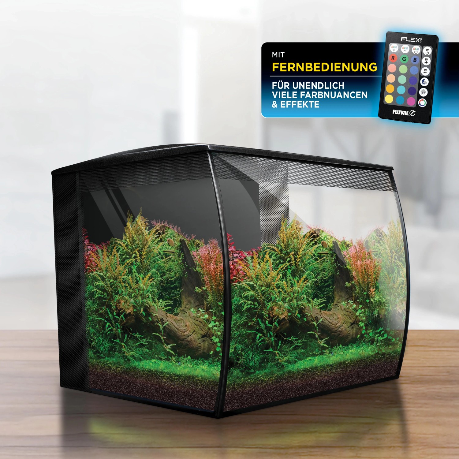Modernes Fluval Flex 2.0 Süßwasser-Aquarienset 57l mit gebogener Front, Pflanzen, Holz und RGB-LED-Beleuchtung.