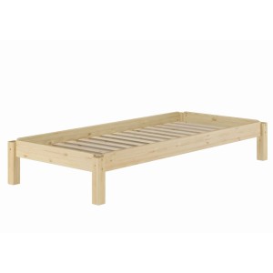 Stapelbares Einzelbett 90x200 cm aus unbehandelter Kiefer mit Rollrost.