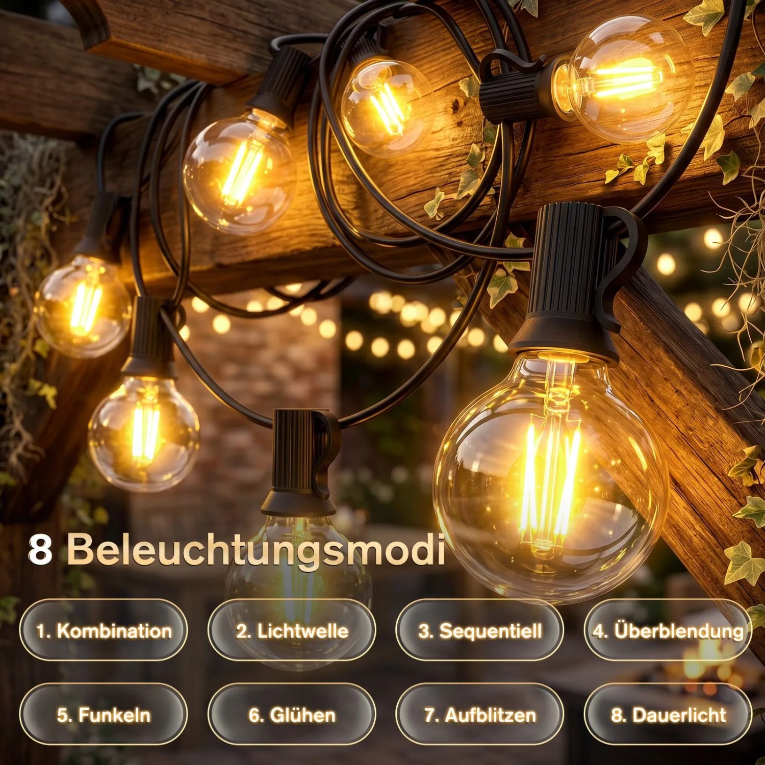 Salcar Solar G40 LED Lichterkette, warmweiß leuchtend, an Holzpergola. 8 Beleuchtungsmodi für Außenbereich.