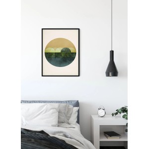 Komar Wandbild Mirrors, 40x50 cm, mit abstraktem Kreisdesign in Beige, Grün und Blau.