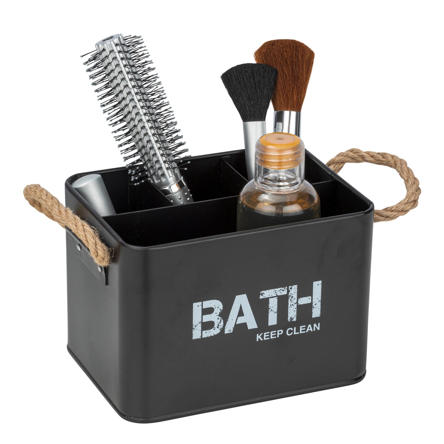 Schwarze Wenko Badbox Gara mit 4 Fächern aus Stahl, gefüllt mit Badutensilien.