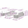 Beiges 9-teiliges vidaXL Garten-Sofa-Set aus Poly Rattan mit Tisch und Kissen, Maße eingezeichnet.