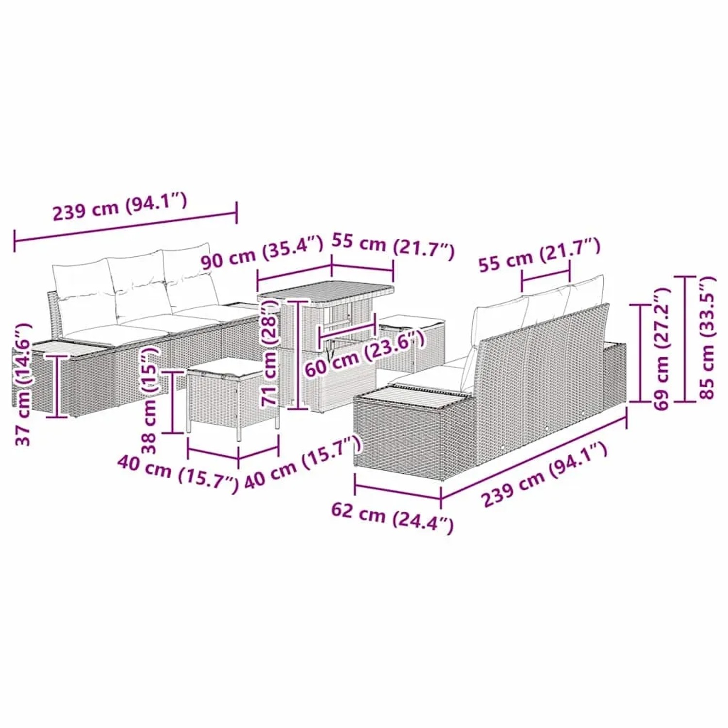 Beiges 9-teiliges vidaXL Garten-Sofa-Set aus Poly Rattan mit Tisch und Kissen, Maße eingezeichnet.