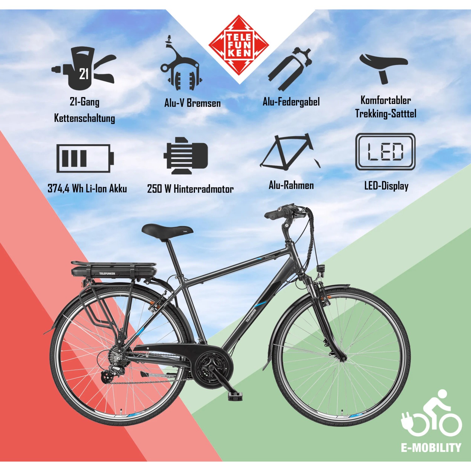 Telefunken Trekking E-Bike mit 21 Gang Shimano Schaltung und Hinterradmotor.