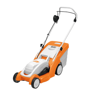 Stihl Elektro-Rasenmäher RME 339, orange-weiß, mit klappbarem Lenker für kleine Rasenflächen.