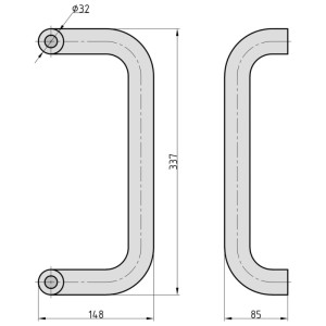 Technische Zeichnung: Basi Stoßgriff U-Form Set mit Maßen für Montage und Design.