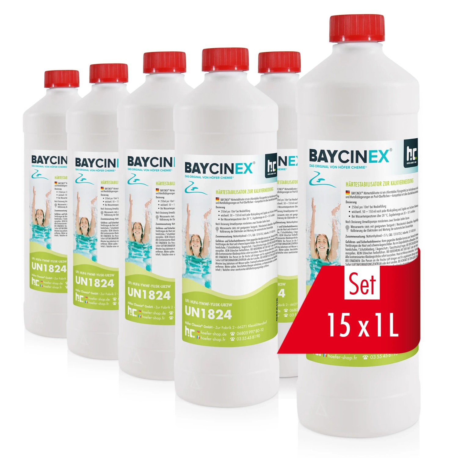 Set mit 15 Flaschen Baycinex Härtestabilisator 1l zur Kalkvermeidung für Pools.
