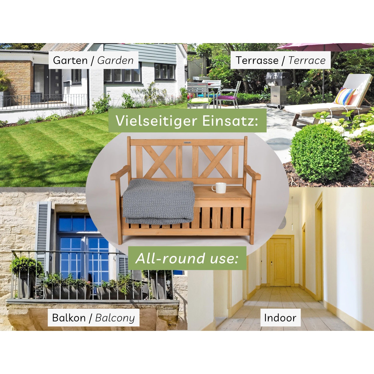 Wetterfeste Gartenbank aus Holz mit Stauraum, geeignet für Garten, Terrasse und Balkon.