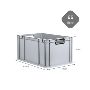 Graue PROREGAL Eurobox Nextgen, 65 Liter, mit schwarzem Griff und Auflagedeckel. Aufbewahrungsbox.