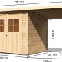 Karibu Holz-Gartenhaus Egersund mit Pultdach, unbehandelt, mit Maßangaben.