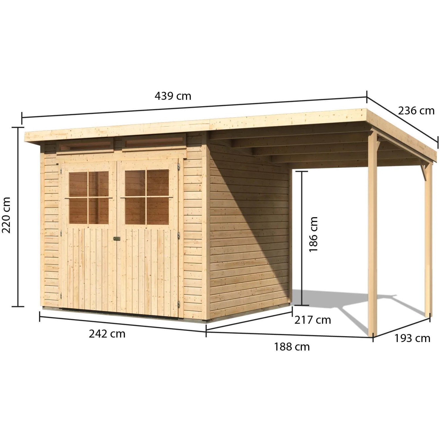 Karibu Holz-Gartenhaus Egersund mit Pultdach, unbehandelt, mit Maßangaben.