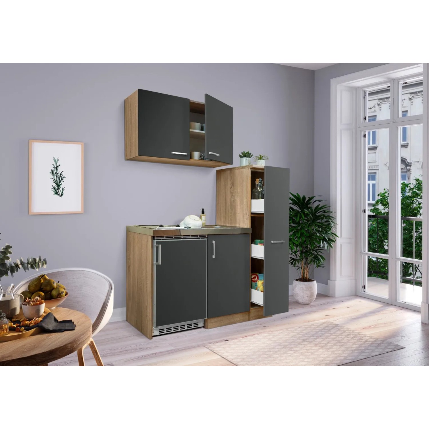 Respekta Miniküche MK130ESGOSC, 130 cm, Grau-Eiche Sägerau Nachbildung mit Kühlschrank und Glaskeramikkochfeld.