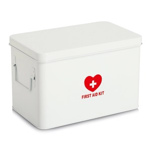 Weiße Zeller Medizinbox aus Metall, 20x19x32 cm, mit rotem Kreuz-Aufdruck.