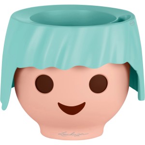Lechuza Ojo Pflanzgefäß, aquamarin, 21x21x16cm, mit Playmobil-Gesicht.