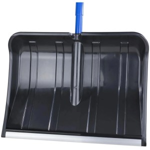Schwarze Westfalia Schneeschaufel aus Kunststoff mit blauem Teleskopstiel und silberner Schürfleiste.