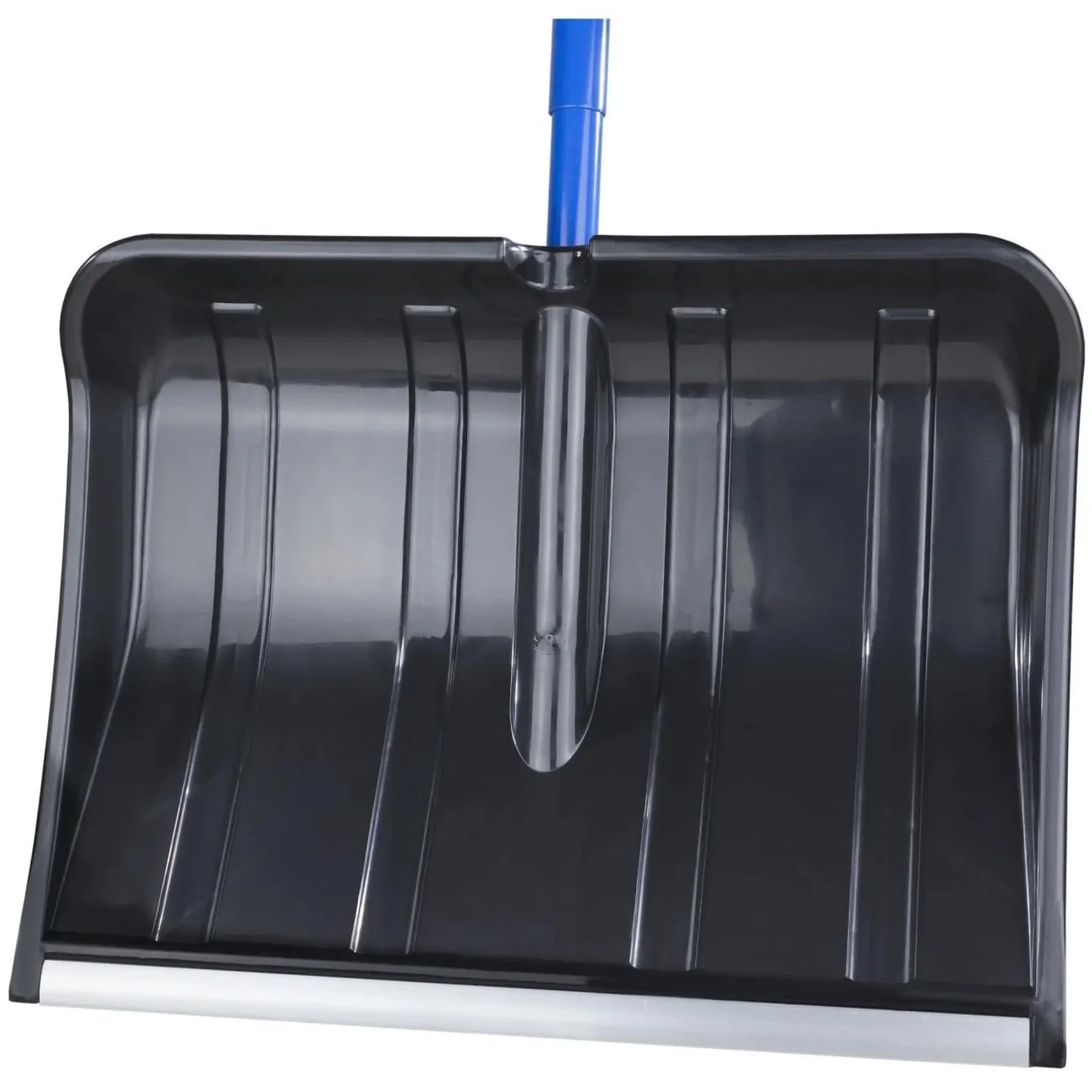 Schwarze Westfalia Schneeschaufel aus Kunststoff mit blauem Teleskopstiel und silberner Schürfleiste.