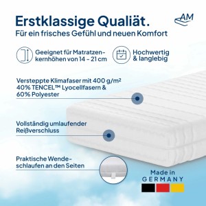 AM Qualitätsmatratzen Lyocell Topperbezug 270x200cm, weiße Textur mit Reißverschluss und Wende-Schlaufen.