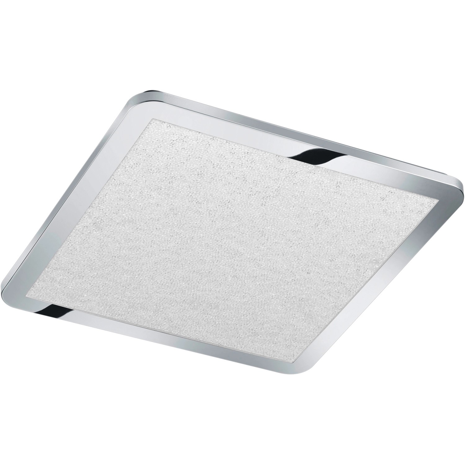 Quadratische Trio LED-Deckenleuchte Cesar, Chromrand, weißes Acryl mit Kristalleffekt, 40x40 cm.