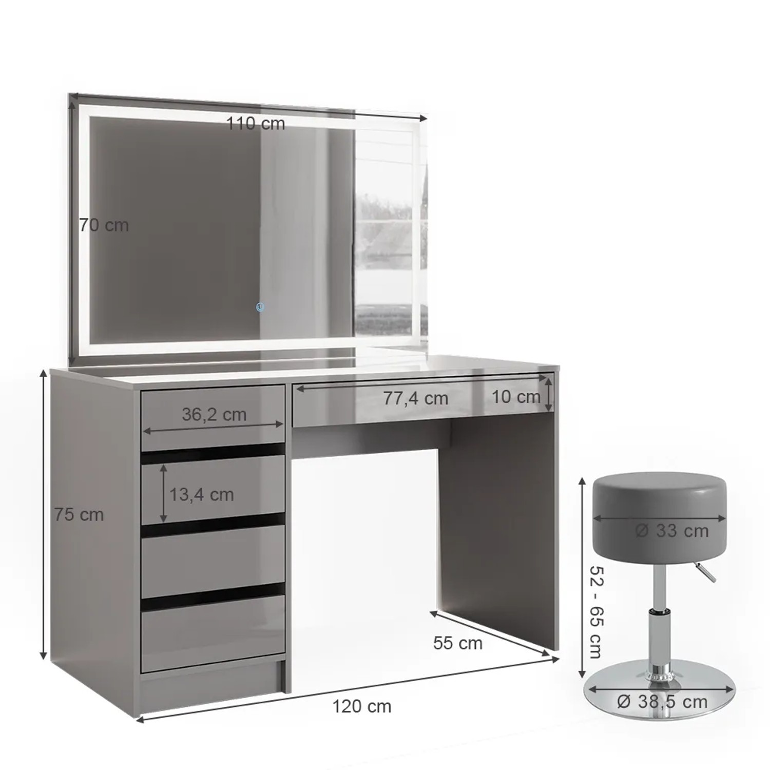 Vicco Schminktisch Sherry Grau 120 cm mit LED-Spiegel und Hocker. Ideal für die tägliche Schönheitsroutine.