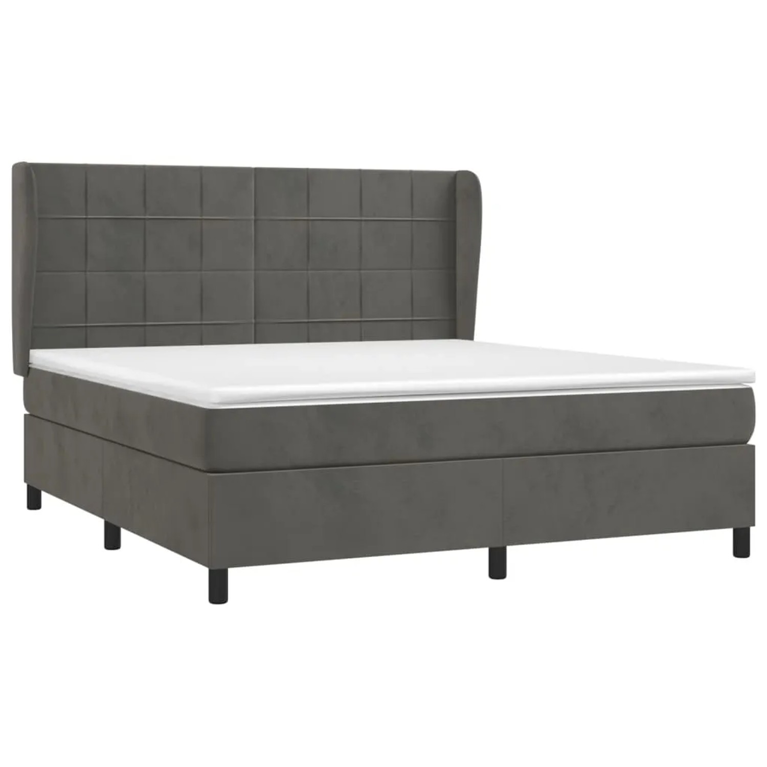 Dunkelgraues Boxspringbett 160x200 cm mit Samtbezug, inklusive Matratze und Kopfteil.