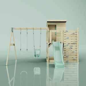 PolarPlay Spielturm Björn mit Babyschaukel und Rutsche in Mintgrün.