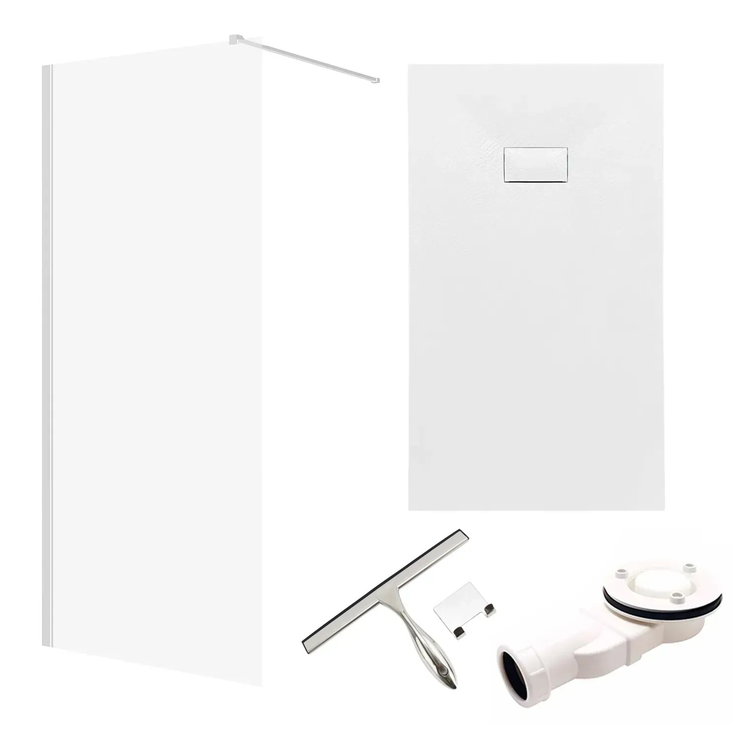 Bad Land SET Duschwanne VIDAR 90x150 Rechteck Weiß + Walk-In Dusche KETIL Chrom 140x195 Transparentes Glas + Glaswischer