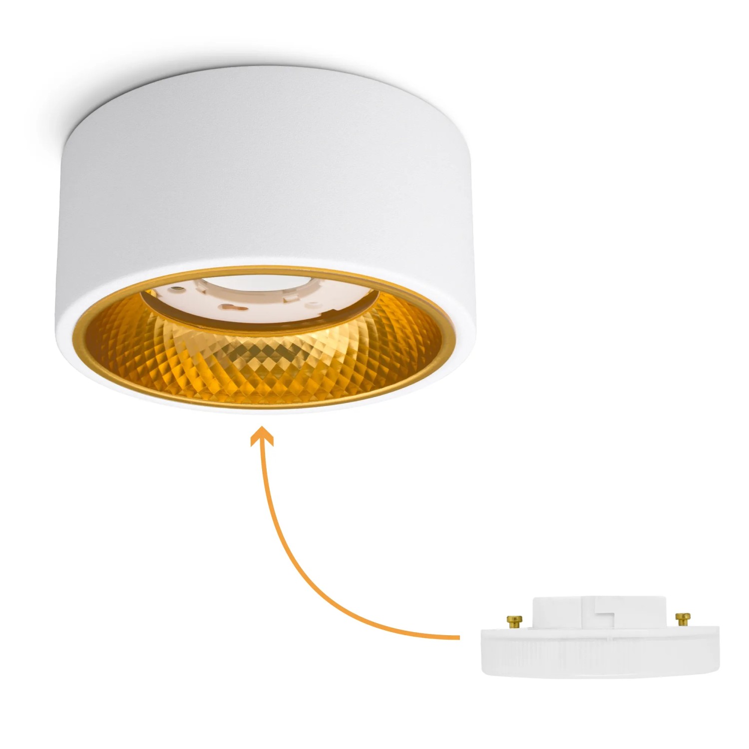 4er Set: Weißer LED Aufbauspot OLINO mit goldener Blende. Deckenspot für Wohnraum.