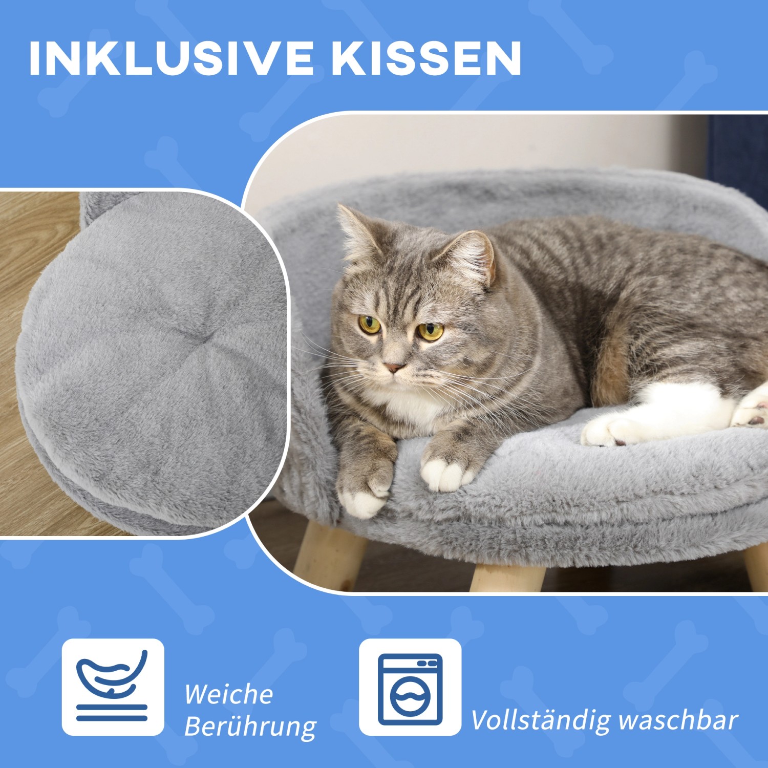 Graues PawHut Katzensofa mit Kissen und Holzfüßen, Katze liegt entspannt darin.
