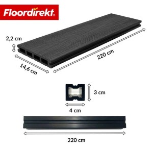 Floordirekt WPC Terrassendielen Crown 220 cm Beidseitig Nutzbar Komplettset 2 m² Schwarz