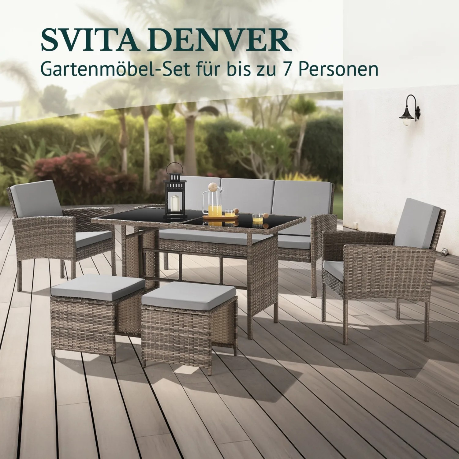 Svita Denver Polyrattan Gartenmöbel Set mit Esstisch, Sessel, Bank und Hocker in Braun und Grau.
