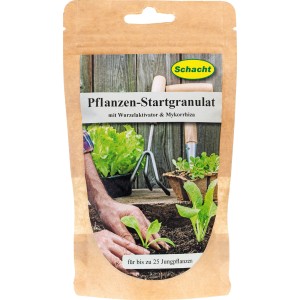 Schacht Pflanzen-Startgranulat 100g Packung mit Anwendungsbeispiel im Garten.
