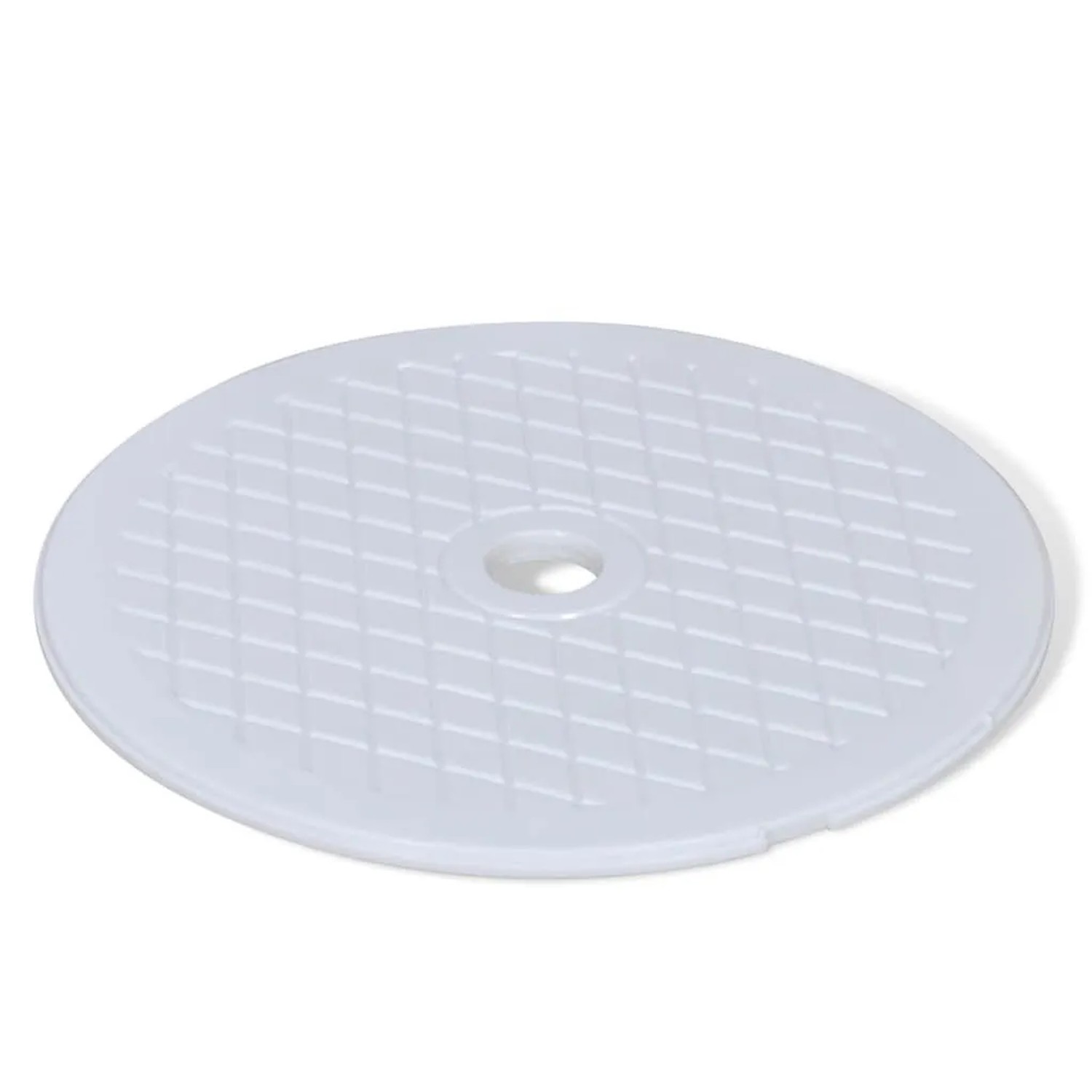 Weißer runder Skimmer-Deckel aus ABS mit Rautenmuster und mittiger Öffnung für Pooltechnik.