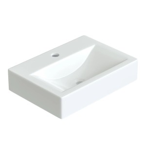 Rechteckiges, weißes Aquabatos Aufsatzbecken aus Keramik mit Hahnloch für Bad oder Gäste-WC.