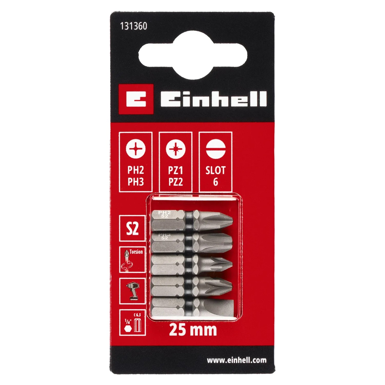 Einhell Impact Bit-Set, 5-teilig, 25 mm, PH/PZ/SL, für Schraubendreher und Akkuschrauber.