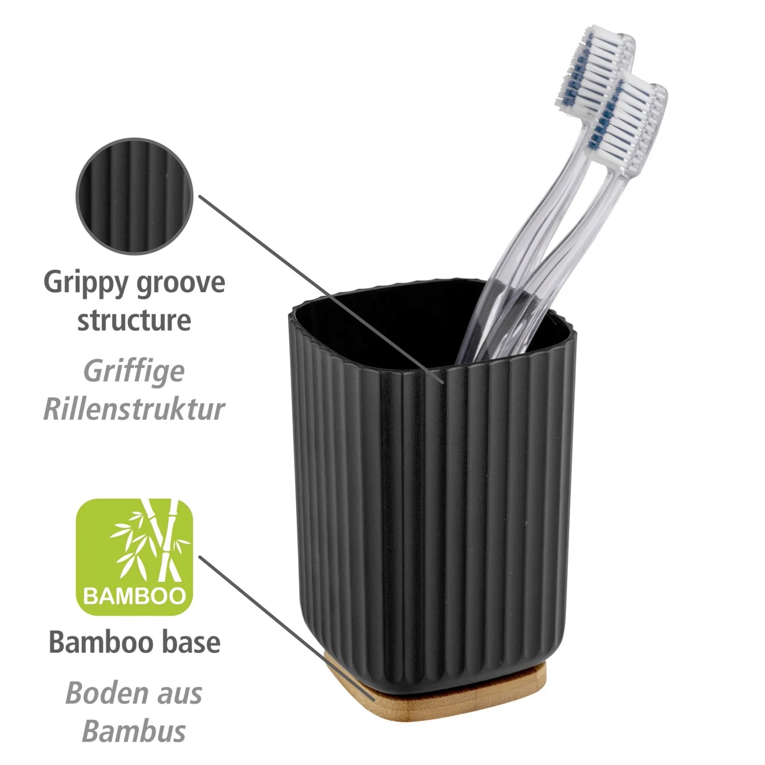 Schwarzer WENKO Zahnputzbecher Rotello mit Bambusfuß und zwei Zahnbürsten.