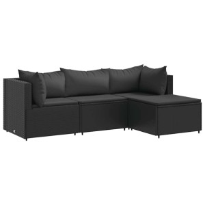 Schwarzes 4-tlg. vidaXL Garten-Lounge-Set aus Poly Rattan mit Kissen.