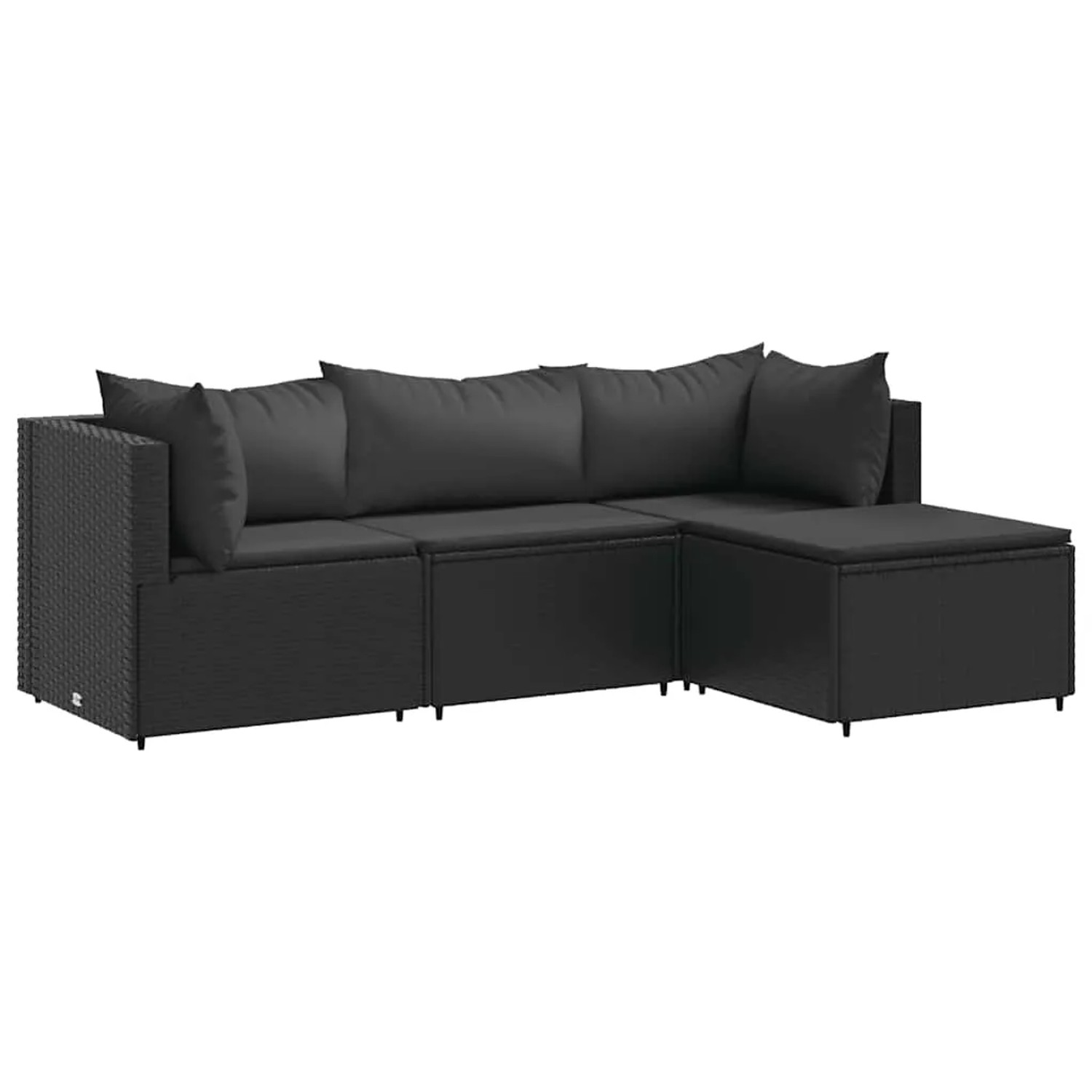 Schwarzes 4-tlg. vidaXL Garten-Lounge-Set aus Poly Rattan mit Kissen.