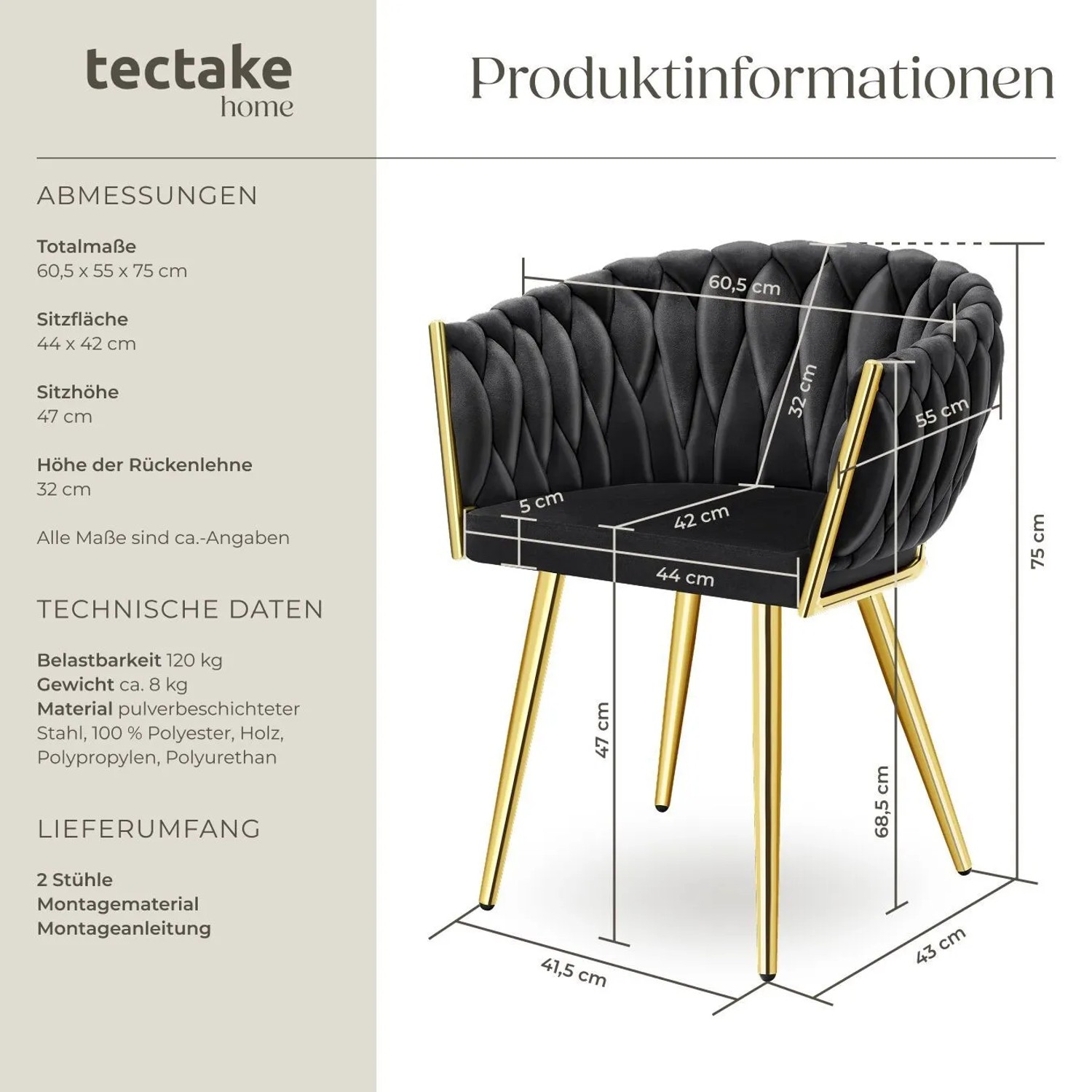2er Set Tectake Esszimmerstühle Astano, schwarz mit goldenen Beinen und Samtbezug.